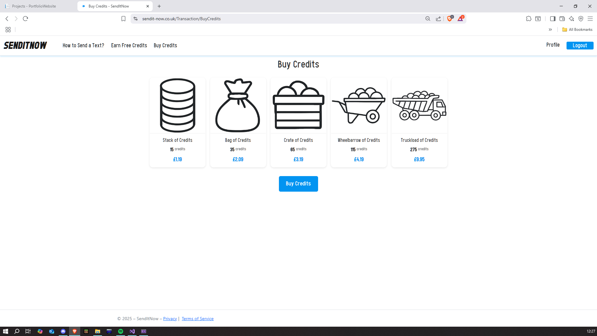 SendItNow credits purchase page